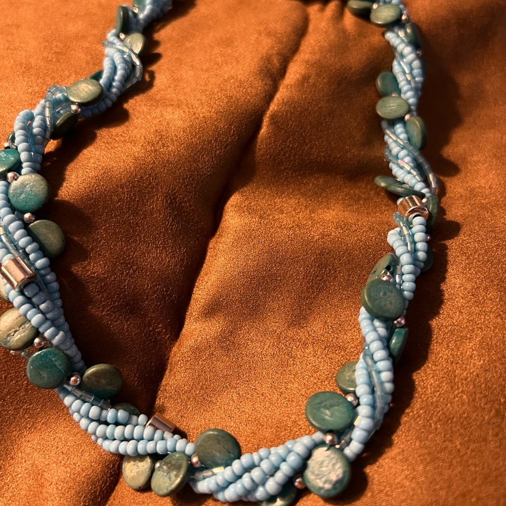 Handcrafted Blue Beaded Twist Necklace - Unbranded